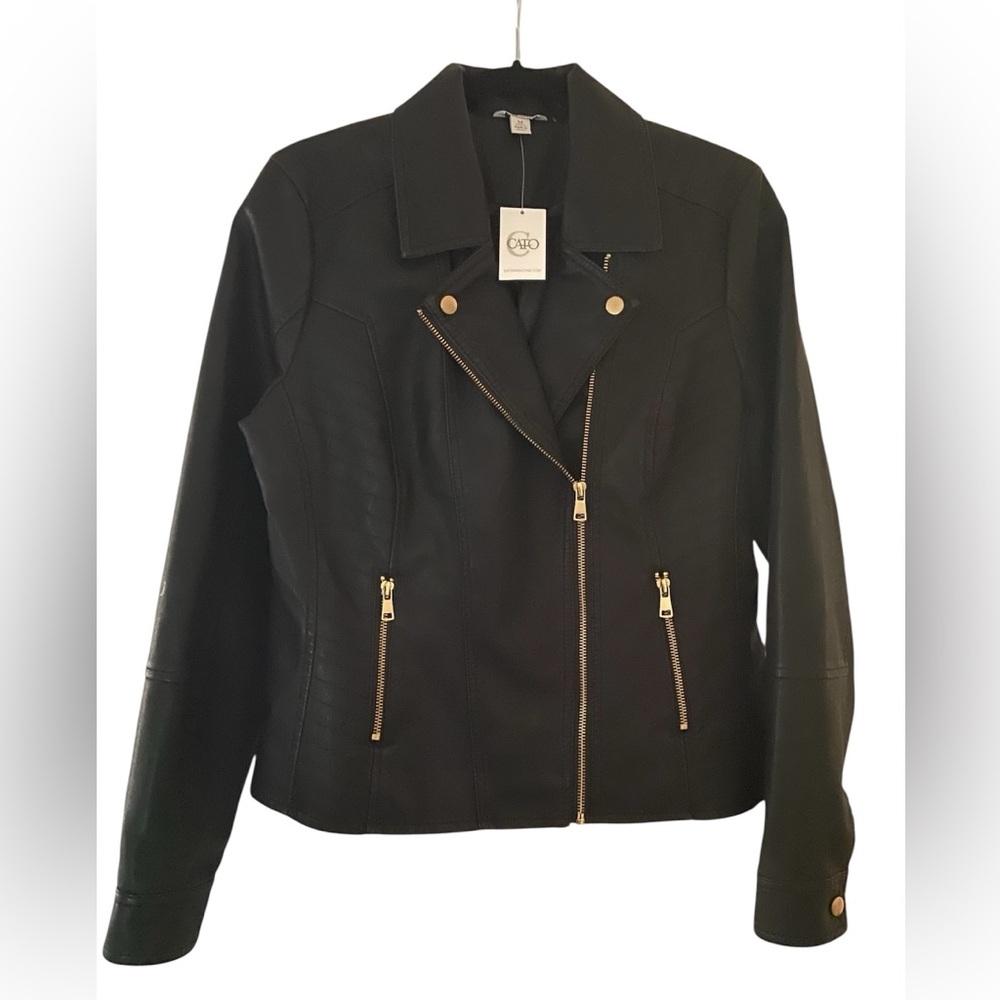 J/M Sportswear by Cato Lined Black Gold Faux Leather Moto Jacket M NWT